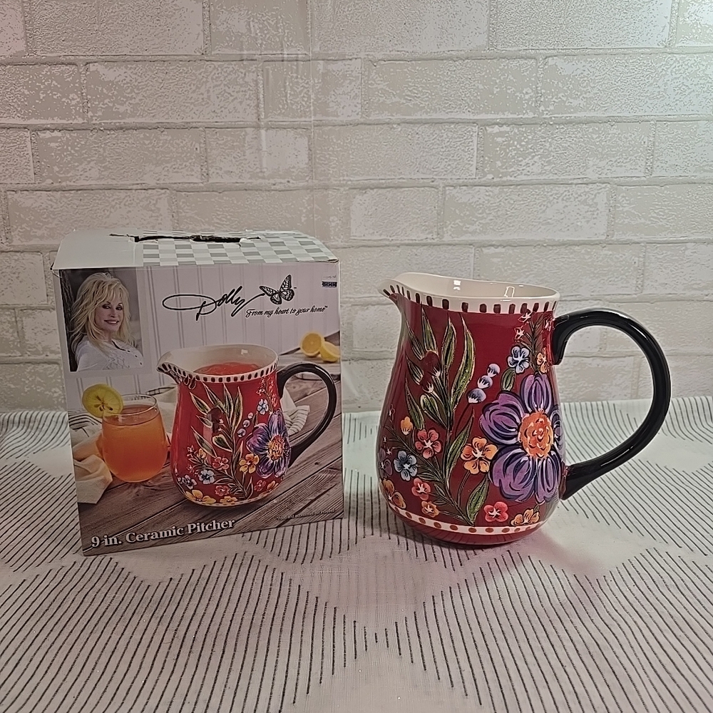 Dolly Parton 9" Ceramic Red Colorful Floral Pitcher 85oz New
